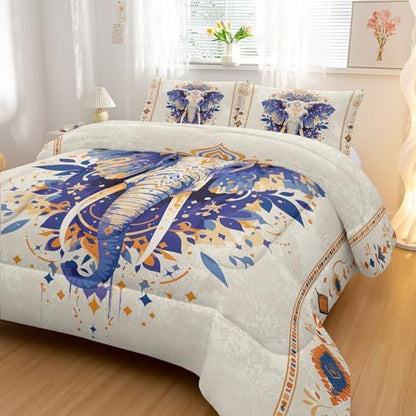 Nttopship Ethnic Elephant Comforter Bedding Set with 2 Pillowcase King Size Wild Animals Comforter Set for Kids Boys Girls Bedroom Decor