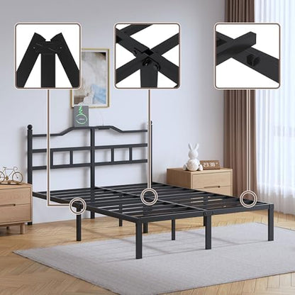 SHOANED Metal Bed Frame with Charging Station - 14 Inch King Size Heavy Duty Bedframe with Headboard Black Basic Steel Slats Platform No Box Spring Needed/Noise Free