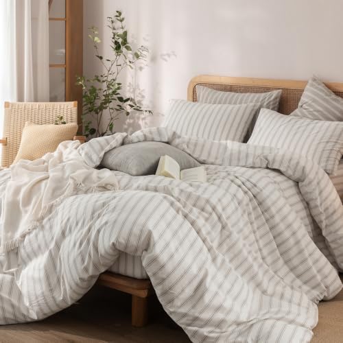 BESTOUCH Striped Cotton Duvet Cover Set Linen Feel California King