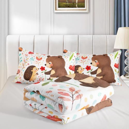 Cute Bear Hedgehog Queen Size Comforter Set with 2 Pillowcases.