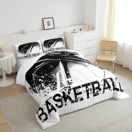Basketball Comforter Set Queen for Boys Kids Sports Games Room Decor Black White Watercolor Comforter Aldults Bedroom Tie-dye Bedding Set 1 Comforter with 2 Pillow Cases,Lightweight Warm Soft
