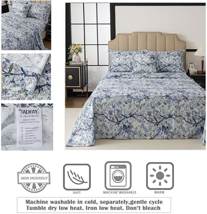FADFAY Sheets Set Twin XL Botanical Bird Floral Bed Sheets Set Vintage Blue Farmhouse Bedding Shabby Branches Bedding Collections 100% Egyptian Cotton Breathable Soft Deep Pocket 4Pcs, Twin XL Size