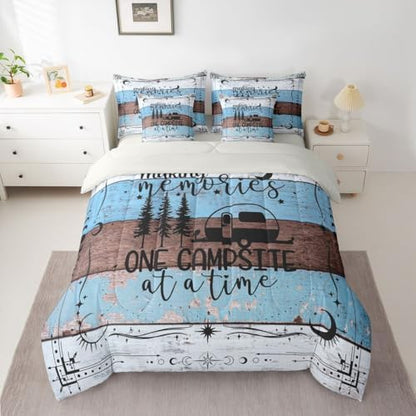 Erosebridal 7 Pcs Happy Camping Bedding Set for Boys Teens, Twin Size Rv Camper Comforter Set Rustic Farmhouse Sheets and Pillowcase, Vintage Old Barn Door Bed in A Bag, Country Starry Sky Bed Set
