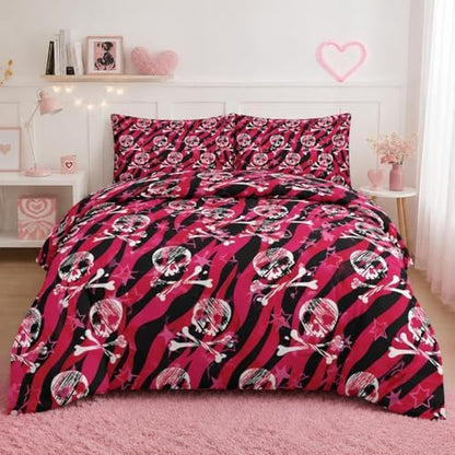 Pamnest Comforter Set Full Size, Zebra Skull Rock Soft 3 Pcs Bedding for Kids and Adults, Animal Roll Pink Comforter Set with 2 Pillowcases, for Bedroom Bed Decor