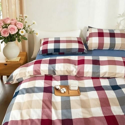 Buffalo Plaid Duvet Cover Set 3 Piece 100% Washed Cotton Linen Feel Farmhouse Bedding Comfy Breathable (Red Blue Buffalo Plaid, King)