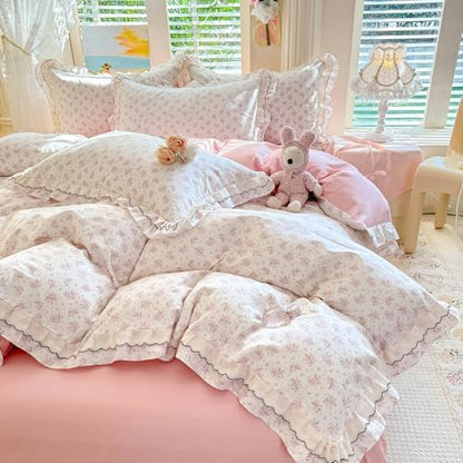 French Style Ruffle Duvet Cover King with Pink Flower Pattern, 100% Cotton Vintage Cottagecore Duvet Cover with 2 Pillowcases, Princess Lace Bedding Botanical Flower Comforter Cover with Zipper Ties