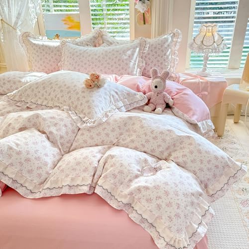 French Style Ruffle Duvet Cover Twin with Pink Flower Pattern, 100% Cotton Vintage Cottagecore Duvet Cover with 2 Pillowcases, Princess Lace Bedding Botanical Flower Comforter Cover with Zipper Ties