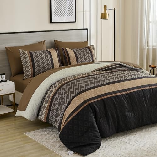 Cottolester Brown Comforter Set King Size,Fall Striped Bed in a Bag