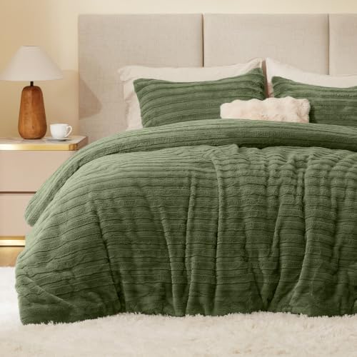 BEDELITE Faux Fur King Size Comforter Set, Fluffy Bed Set, Olive Green