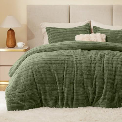 BEDELITE Faux Fur King Size Comforter Set, Fluffy Bed Set, Olive Green