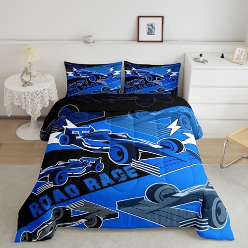 Erosebridal Race Car Full Size Bedding Set for Boys Sports Car Comforter Set Cool Racing Car Bed Set for Boys Girls Kids Man,Black Blue Race Cars Gamer Bedding Sets Car Bedroom Decor 3Pcs