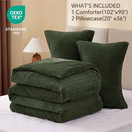 ChiXpace Fleece King Comforter Set Olive Green, Fluffy Bed Set 3 Pieces