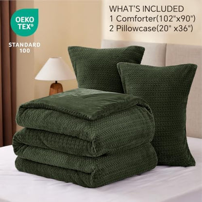 ChiXpace Fleece King Comforter Set Olive Green, Fluffy Bed Set 3 Pieces