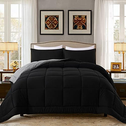 DOWNCOOL Twin Comforter Set -All Season Bedding Comforters Sets with 1 Pillow Case -2 Pieces Bed Set Down Alternative Comforter Set -Black/Grey Twin Bedding Sets(64"x88")