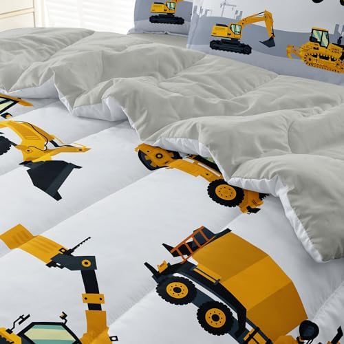 4-Pcs Engineering Vehicle Twin Size Bedding Set for Kids Boys, Grey