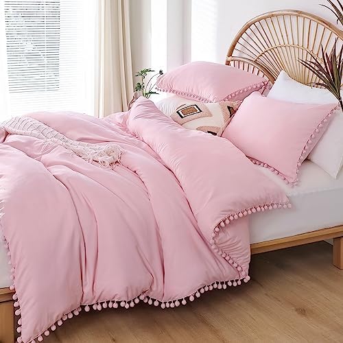 YIRDDEO Queen Comforter Set, Dust Pink Ball Pom Fringe Bedding Set 3 Pieces