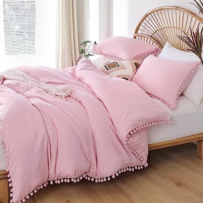 YIRDDEO Queen Comforter Set, Dust Pink Ball Pom Fringe Bedding Set 3 Pieces