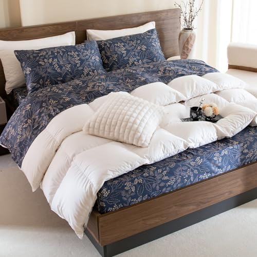 QSH Floral Egyptian Cotton Sheets Queen Size - Elegant Navy Botanical Pattern Printed Bedding Sheets Queen Size Bed Extra Soft and Breathable 4pcs Deep Pockets Bed Sheets