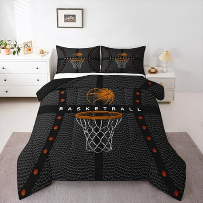 Boys Sports Basketball Twin Size Comforter Set,Kids Ball Games Decor All Season Bedding Set,Teens Basketball Comforter,Children Orange and Gray Decor Quilt Set Bedroom Collection 2Pcs