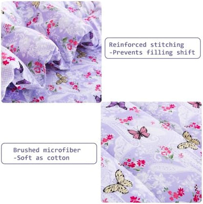 lasoftan Floral Queen Comforter Set with Sheets, 7 piece Luxury Vintage Bedding, Soft Microfiber Bed in a Bag, Cozy Lightweight Bed Set, Lavender Butterfly