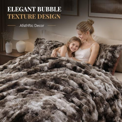 Smoofy Fluffy Faux Rabbit Fur Bubble Comforter Queen Size - Tie Dye Coffee