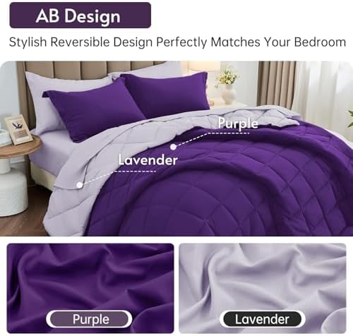 MUXHOMO 5 Pieces Twin Comforter Set, Reversible Bed in a Bag Twin Size, All Season Bedding Set with Comforter, Flat Sheet, Fitted Sheet, Pillowcases & Shams, Purple & Lavender