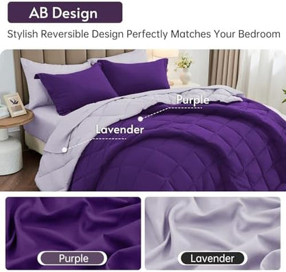MUXHOMO 5 Pieces Twin Comforter Set, Reversible Bed in a Bag Twin Size, All Season Bedding Set with Comforter, Flat Sheet, Fitted Sheet, Pillowcases & Shams, Purple & Lavender
