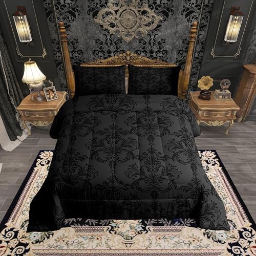 Manfei Black Damask Comforter Set Twin Size, Gothic Vintage Damask Floral Bedding Set 2pcs, Antique Victorian Baroque Down Comforter for All Season, Man Woman Adult Room Decor, 1 Pillowcase, No Sheets