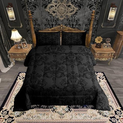Manfei Black Damask Comforter Set Twin Size, Gothic Vintage Damask Floral Bedding Set 2pcs, Antique Victorian Baroque Down Comforter for All Season, Man Woman Adult Room Decor, 1 Pillowcase, No Sheets