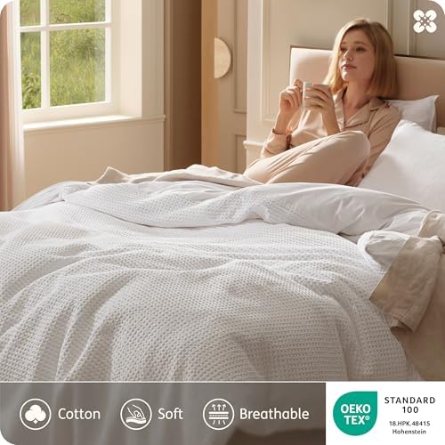 Bedsure PureWoven Cotton Waffle Weave Duvet Cover, White, Duvet Cover Only
