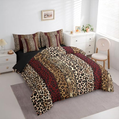Erosebridal Red and Brown Leopard Print Queen Bedding Set for Men Women Adults - African Cheetah Printed Comforter Set Wild Safari Animal 7-Piece Bed in a Bag Modern Leopard Print Quilt Sets