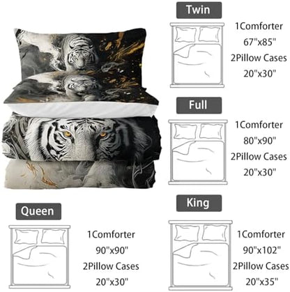 Nttopship White Tiger Comforter Set King Size，White Tiger Wild Animal 3 Pcs Bedding Set for Men Women Adults，3D Wildlife Animals Room Decor Ultra Soft with 1 Comforter and 2 Pillowcase