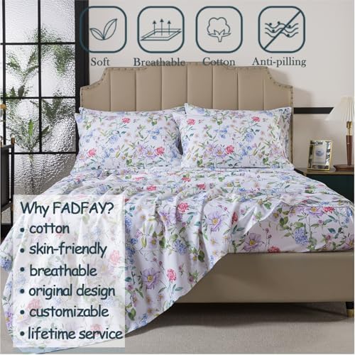 FADFAY Garden Floral King Sheet Set, 100% Cotton Botanical Print Bedding, Soft Breathable 4-Piece Bed Sheets with Deep Pocket, All Season