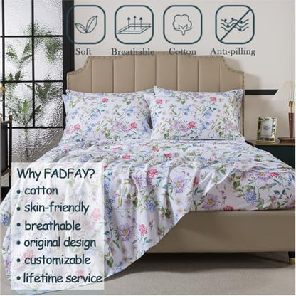 FADFAY Garden Floral King Sheet Set, 100% Cotton Botanical Print Bedding, Soft Breathable 4-Piece Bed Sheets with Deep Pocket, All Season
