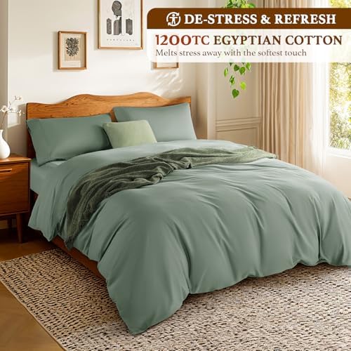 DEITAS 100% Cotton King Duvet Covers 3 Piece,1200 Thread Count，Sea Glass
