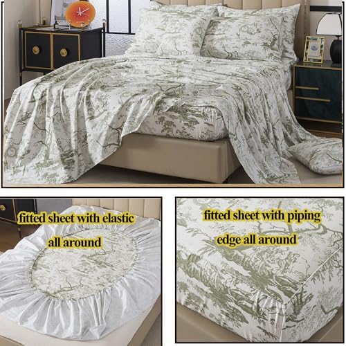 FADFAY Toile Sheets Set Cal King Sage Green Toile de Jouy Bedding Pastoral French Country Bedding 100% Egyptian Cotton Farmhouse Sheets Breathable Soft 4Pcs Deep Pocket Sheet Set for All Seasons