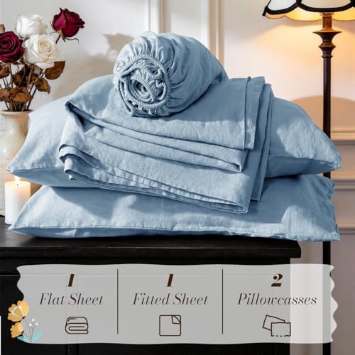SONORO KATE 100% French Linen Queen Size Sheets Set,Natural Flax Bedding