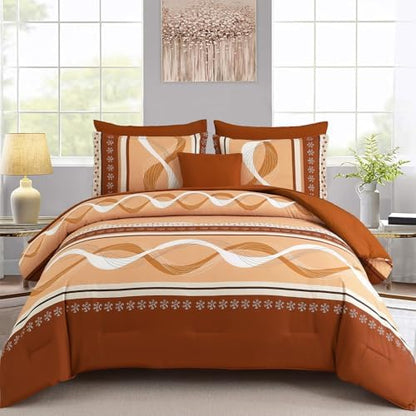Anibedding Comforter Set Queen Size,8 Pieces Burnt Orange Bed in a Bag