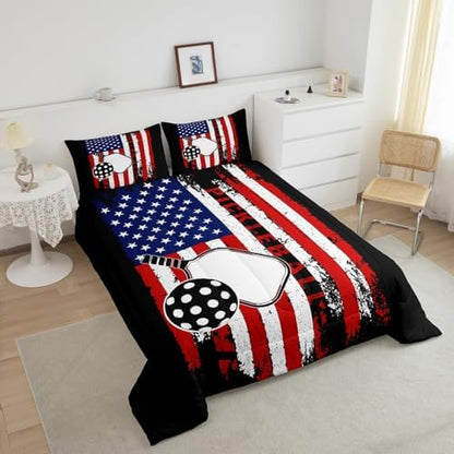 Feelyou Pickleball Bedding Set Boys Girls King Size American Flag Comforter Set for Kids Women Men Pick Racket Pattern Comforter Sports Game Duvet Set Pickleball Themed Gifts Quilt Set