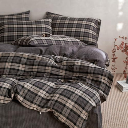 Vintage Grey Plaid Duvet Cover Full Size 100% Cotton Muslin Gingham Duvet Cover Grey Grid Checkered Plaid Bedding Set Breathable Soft Linen Like Gauze Comforter Cover Cotton Gingham Bedding Set Full