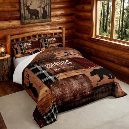 Cabin Home Comforter Sets King Size Hunting Bear Deer Animals Theme Quilted Duvet 3pcs for Boys Men Teens Kids Bedroom Decor Brown Wooden Rustic Farmhouse Style Bedding Sets Patchwork Plaid Bedspread