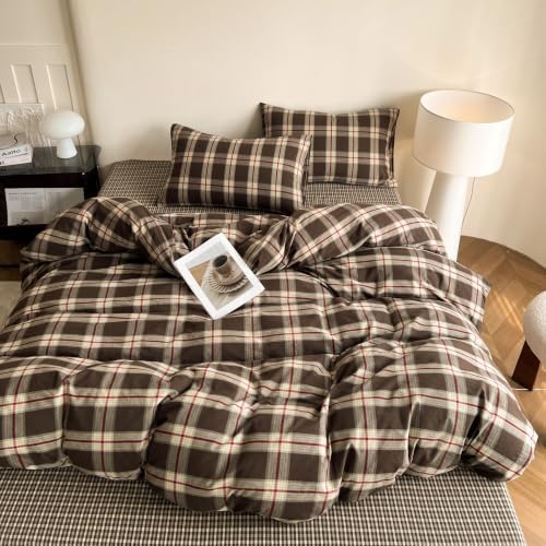 Mucalis Brown Buffalo Plaid Duvet Cover Queen Size 100% Washed Cotton Green Red Plaid Duvet Cover Vintage Checkered Duvet Cover Set Retro 3 Piece Grid Bedding Set with Zipper Closure 4 Corner Ties