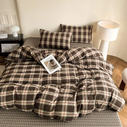 Mucalis Brown Buffalo Plaid Duvet Cover King 100% Washed Cotton Green Red Vintage Checkered Duvet Cover Set Retro 3 Piece Grid Bedding Set with Zipper Closure Corner Ties,Soft,Easy Care