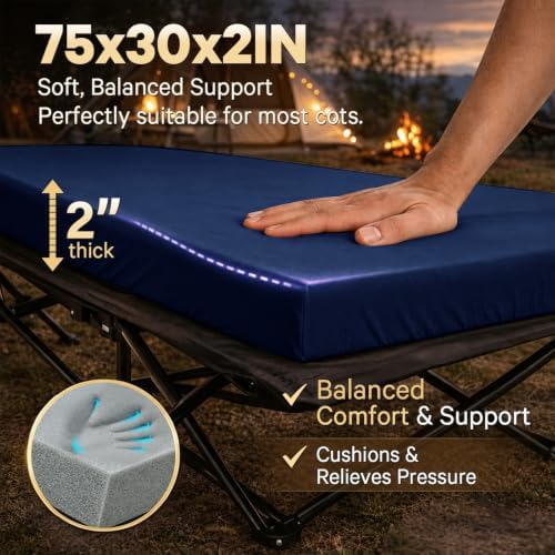 CYMULA Camping Cot Pad 2 Inch Memory Foam, Pad Only,Camping Pad for Folding Cot and Foldable Cot, Portable Roll Up Camp Gear for Car Camping Travel Tent, Non-Slip Waterproof Bottom, Removable Cover