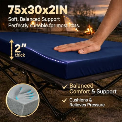CYMULA Camping Cot Pad 2 Inch Memory Foam, Pad Only,Camping Pad for Folding Cot and Foldable Cot, Portable Roll Up Camp Gear for Car Camping Travel Tent, Non-Slip Waterproof Bottom, Removable Cover