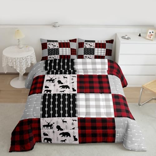 Buffalo Plaid Bedding Set For Boys Girls, Woodland Moose Duvet Sets Vintage Deer Bear Comforter Set Queen, Buffalo Plaid Farm Animal Quilted Duvet Rustic Patchwork Down Comforter, Red Black Grey