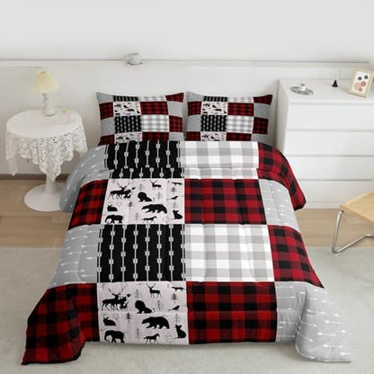 Buffalo Plaid Bedding Set For Boys Girls, Woodland Moose Duvet Sets Vintage Deer Bear Comforter Set Queen, Buffalo Plaid Farm Animal Quilted Duvet Rustic Patchwork Down Comforter, Red Black Grey