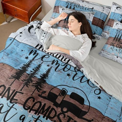 Erosebridal 7 Pcs Happy Camping Bedding Set for Boys Teens, Twin Size Rv Camper Comforter Set Rustic Farmhouse Sheets and Pillowcase, Vintage Old Barn Door Bed in A Bag, Country Starry Sky Bed Set