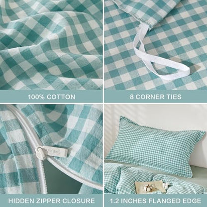 SAPHREAS Gingham Duvet Cover Set King Size, 100% Washed Cotton Linen Like Plaid Comforter Cover with Zipper Closure & Corner Ties (No Comforter), 104x90 Teal
