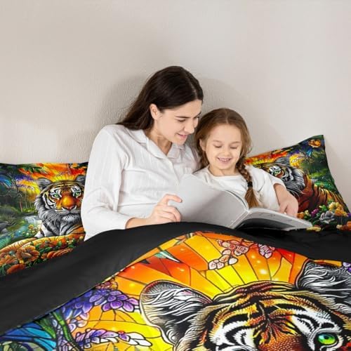Tiger Kids Comforter Set Twin Size,Sunflower Palm Leaf Botanical Tropical Jungle Bedding Set,Girls Boys Room Decor,Wildlife Animal Pine Rustic Quilt Comforter,Wild Chic Duvet Insert,1 Pillowcase